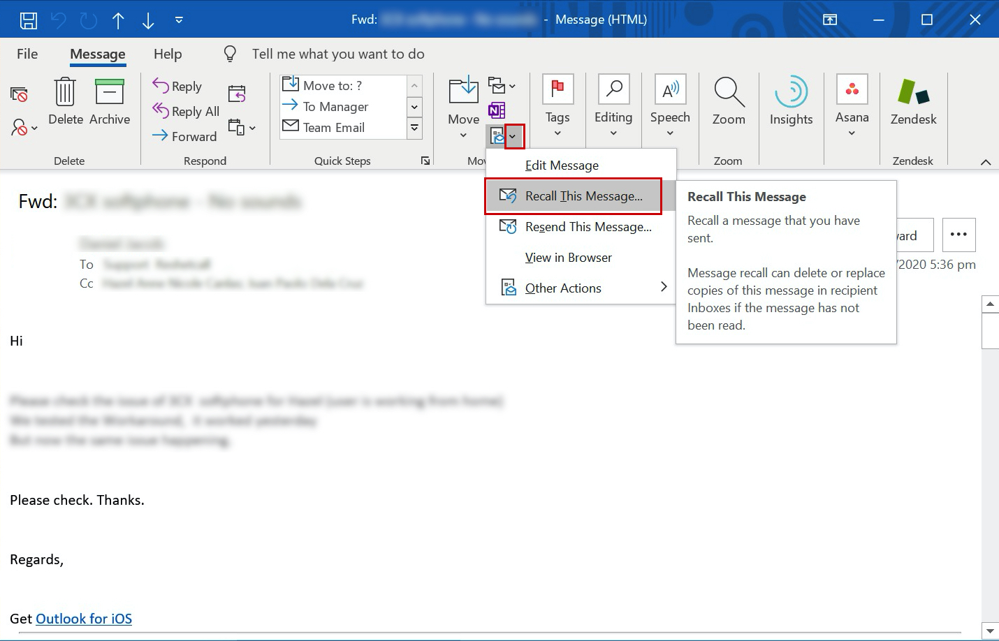 Recalling A Message In Outlook